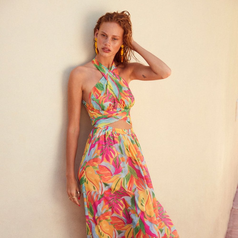 Tropical Breezes Multi Tropical Backless Halter Maxi Dress